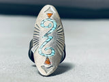 Taller Vintage Native American Navajo Turquoise Coral Sterling Silver Inlay Ring Old-Nativo Arts