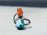 Marvelous Vintage Native American Navajo Morenci Turquoise Coral Sterling Silver Ring-Nativo Arts