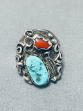 Heavy Mens Vintage Native American Navajo Chunky Turquoise Coral Sterling Silver Ring-Nativo Arts