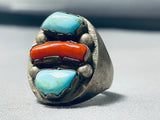 Native American Heavy Mens 34 Grams Turquoise Coral Sterling Silver Ring Old-Nativo Arts