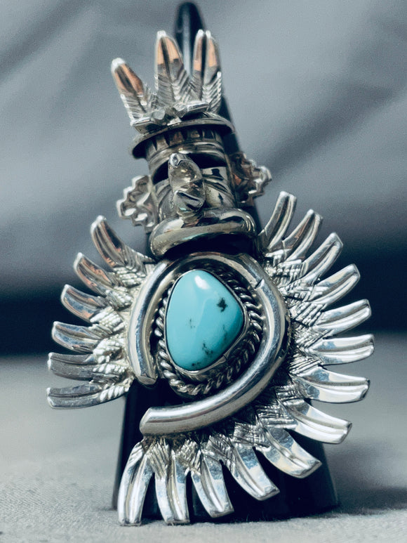 Fascinating Native American Navajo Signed Turquoise Sterling Silver Kachina Ring-Nativo Arts