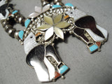 Eagle Vintage Native American Zuni Navajo Turquoise Sterling Silver Squash Blossom Necklace-Nativo Arts