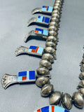 Native American 312 Gram Vintage Navajo Inlay Turquoise Sterling Silver Squash Blossom Necklace-Nativo Arts