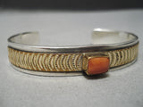 Striking Vintage Native American Navajo Squared Coral Sterling Silver Gold Bracelet-Nativo Arts