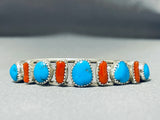 Marvelous Native American Navajo Old Kingman Turquoise Coral Sterling Silver Bracelet-Nativo Arts
