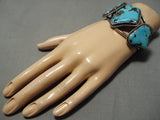 Chunky Huge Vintage Native American Navajo Old Morenci Turquoise Sterling Silver Webbed Bracelet-Nativo Arts