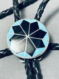 Fascinating Native American Zuni Inlay Blue Gem Turquoise Black Onyx Sterling Silver Bolo-Nativo Arts