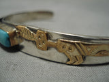 Symbolic Vintage Native American Navajo Gold Yei Blue Warrior Turquoise Sterling Silver Bracelet-Nativo Arts