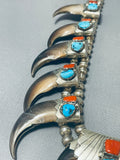 Important Vintage Native American Navajo Turquoise Bear Sterling Silver Squash Blossom Necklace-Nativo Arts
