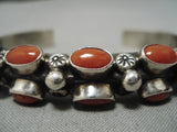 Important Vintage Native American Navajo Domed Coral Sterling Silver Heavy Bracelet Old-Nativo Arts