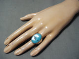 Gigantic Navajo Native American Old Kingman Turquoise Sterling Silver Ring-Nativo Arts
