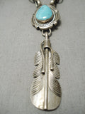 Detailed!! Vintage Native American Navajo Sterling Silver Feather Turquoise Necklace-Nativo Arts