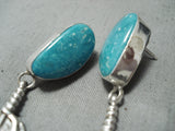 Feather Master Native American Navajo Old Kingman Turquoise Sterling Silver Feather Earrings-Nativo Arts