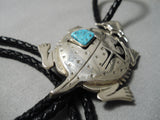 Important Hand Carved Native American Navajo Turquoise Sterling Silver Toad Bolo Tie-Nativo Arts