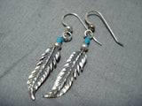 Pretty Vintage Native American Navajo Turquoise Sterling Silver Feather Earrings Old-Nativo Arts