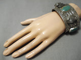 Very Rare Buffalo Head Native American Green Turquoise Sterling Silver Bracelet-Nativo Arts