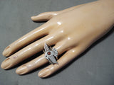Aaron John Navajo Coral Sterling Silver Hummingbird Ring Native American-Nativo Arts