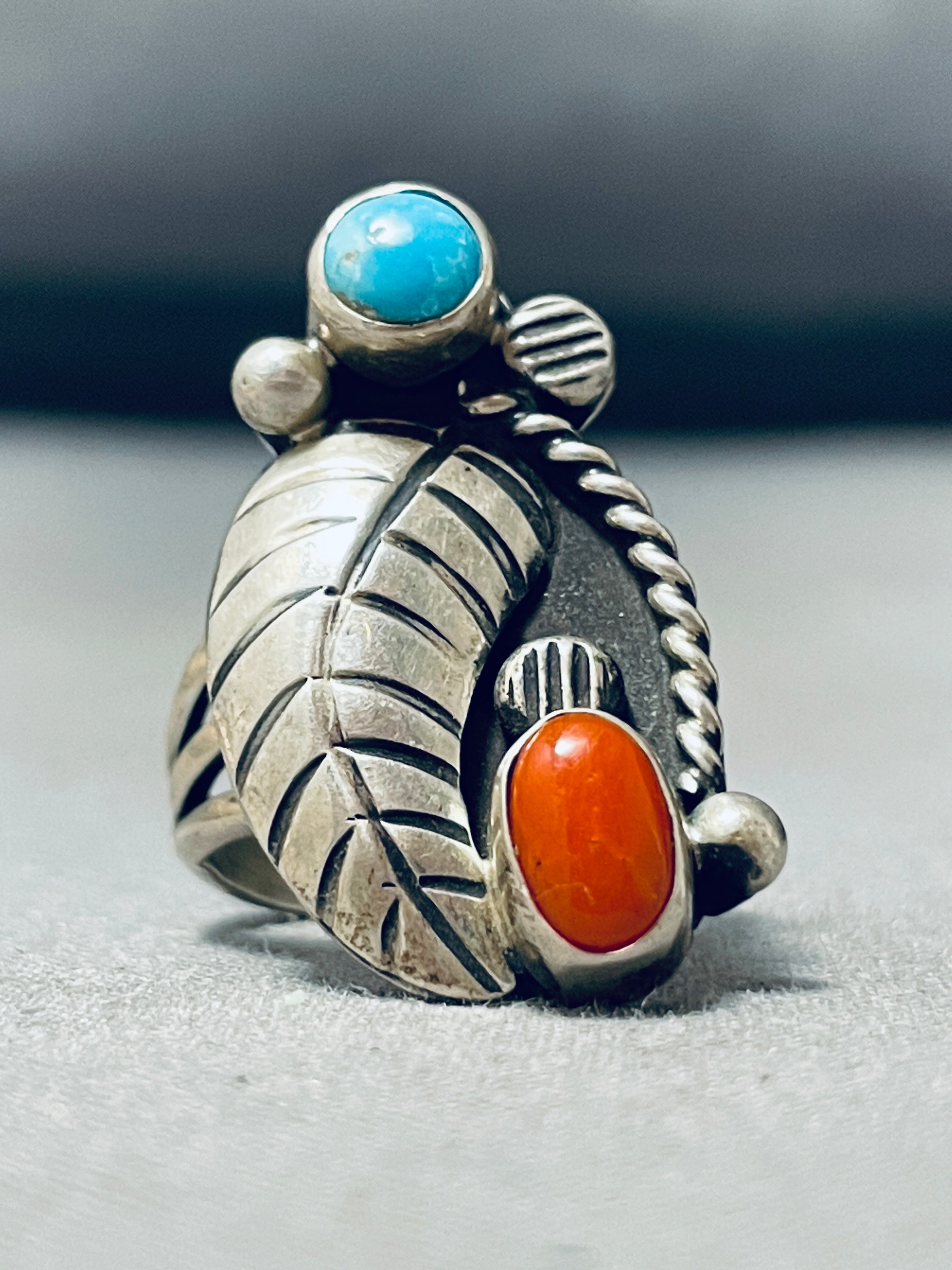 Item #960M- Large Vintage Navajo Turquoise and Coral Sterling