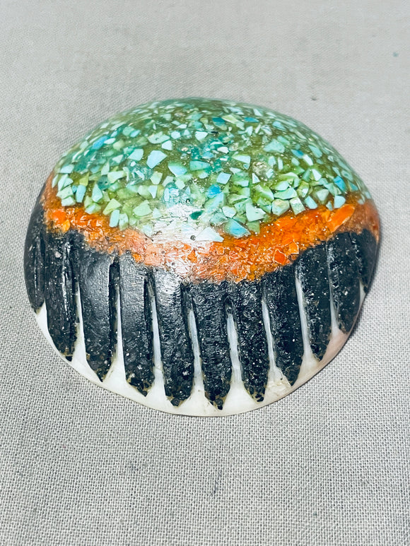 Native American Paper Weight Vintage Santo Domingo Turquoise Coral Inlay-Nativo Arts