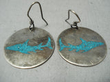 Native American Shark Turquoise Inlay Vintage Southwestern Sterling Silver Earrings-Nativo Arts
