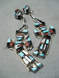 Dazzling Vintage Native American Zuni Inlay Turquoise Coral Rainbow Man Sterling Silver Earrings-Nativo Arts
