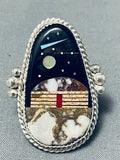 Noteworthy Native American Navajo Coral Jet Inlay Sterling Silver Ring-Nativo Arts
