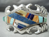 Heavy Extreme Detail Vintage Native American Navajo Turquoise Lapis Sterling Silver Bracelet Old-Nativo Arts