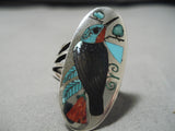 Important Native American Zuni Harlan Coonsis Hummingbird Turquoise Sterling Silver Inlay Ring-Nativo Arts