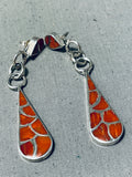 Lyn Johnson Native American Navajo Coral Inlay Sterling Silver Teardrop Earrings-Nativo Arts