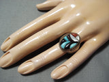 Geneva Terrazas Vintage Native American Zuni Turquoise Croal Sterling Silver Ring Old-Nativo Arts
