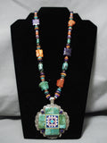 Quality Vintage Native American Navajo Cross Turquoise Coral Sterling Silver Necklace-Nativo Arts