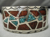 Remarkable Native American Navajo Coral Turquoise Inlay Sterling Silver Bracelet Old-Nativo Arts