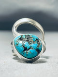Unique Native American Navajo Kingman Turquoise Sterling Silver Ring Signed Del Secatero-Nativo Arts