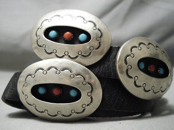 Magnificent Vintage Native American Navajo Turquoise Coral Sterling Silver Concho Belt Old-Nativo Arts