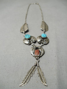 Detailed!! Vintage Native American Navajo Turquoise Coral Sterling Silver Leaf Necklace Old-Nativo Arts