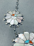 Striking Vintage Native American Zuni Mother Of Pearl Sterling Silver Sunface Necklace-Nativo Arts