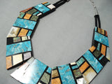 Native American Detailed Santo Domingo Blue Diamond Turquoise Sterling Silver Necklace-Nativo Arts