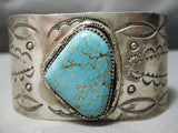 Wide Vintage Native American Navajo Hand Tooled #8 Turquoise Sterling Silver Bracelet-Nativo Arts