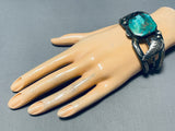 Thicker Vintage Native American Navajo Turquoise Sterling Silver Leaves Bracelet-Nativo Arts