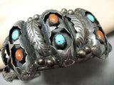 Detailed Vintage Native American Navajo Turquoise Coral Sterling Silver Bracelet-Nativo Arts