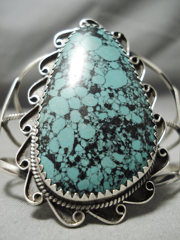 Huge Vintage Native American Navajo Green Spiderweb Turquoise Sterling Silver Bracelet-Nativo Arts
