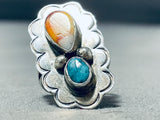 Signed Vintage Native American Navajo Blue Diamond Spiny Oyster Sterling Silver Ring-Nativo Arts