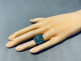 Adorable Vintage Native American Zuni Green Turquoise Sterling Silver Flower Ring-Nativo Arts