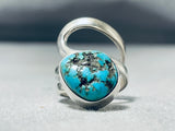 Unique Native American Navajo Kingman Turquoise Sterling Silver Ring Signed Del Secatero-Nativo Arts