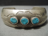 Incredible Vintage Native American Navajo 3 Turquoise Sterling Silver Bracelet Old Cuff-Nativo Arts