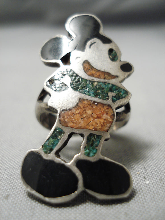 One Of Oldest Vintage Native American Navajo Turquoise Coral Sterling Silver Ring Mickey Mouse-Nativo Arts