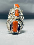 Towering Native American Navajo Coral Sterling Silver Leaf Ring-Nativo Arts