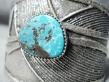Heavy Navajo Native American Old Kingman Turquoise Sterling Silver Bracelet-Nativo Arts