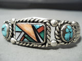 Intricate Vintage Native American Navajo Turquoise Inlay Sterling Silver Bracelet-Nativo Arts