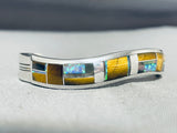 Jimmy Lee Native American Navajo Signed Inlay Tigers Eye Opal Sterling Silver Wave Bracelet-Nativo Arts